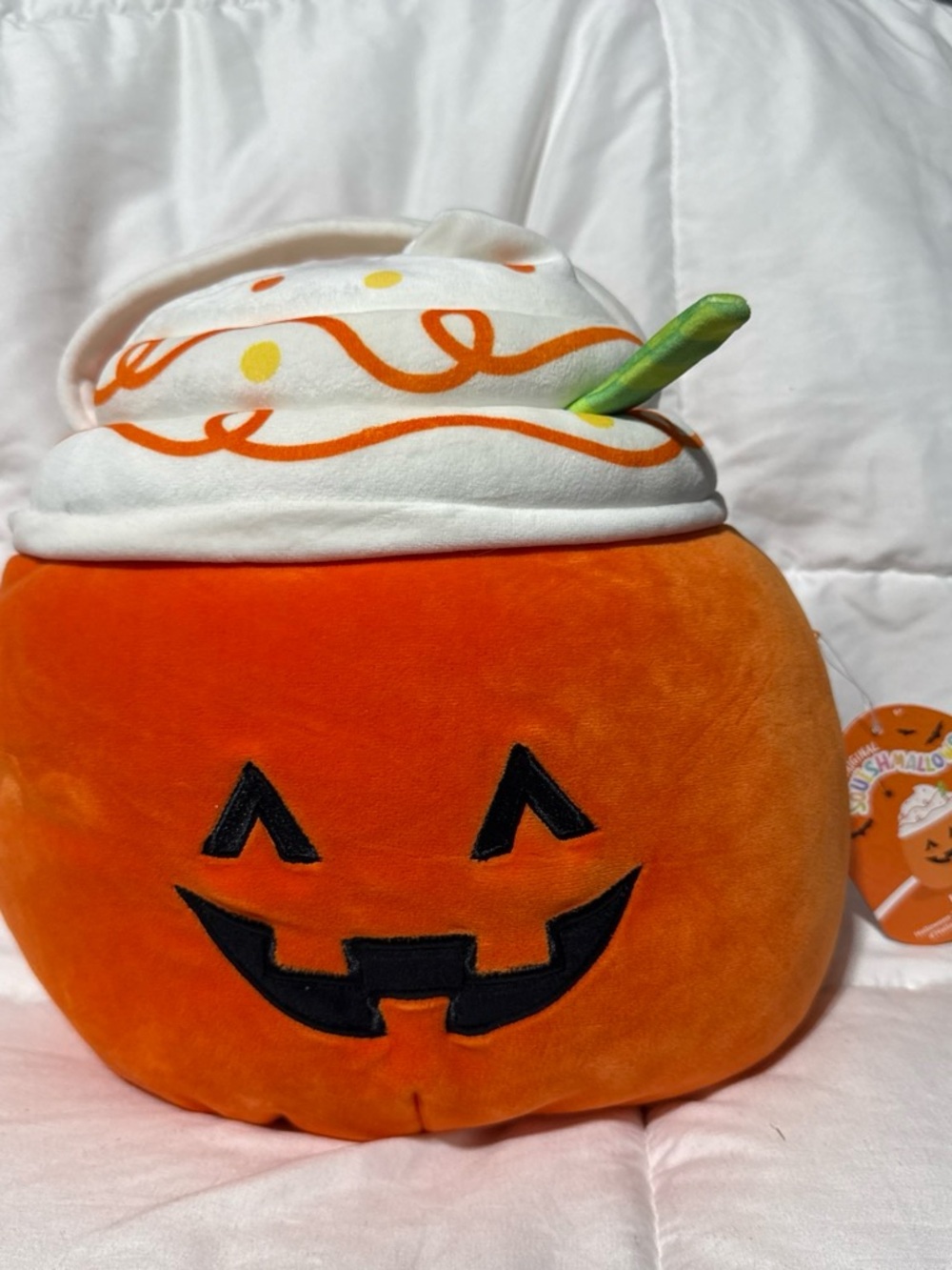 Squishmallows Orange Pumpkin Plush with White Swirl Top and Green Stem Bag